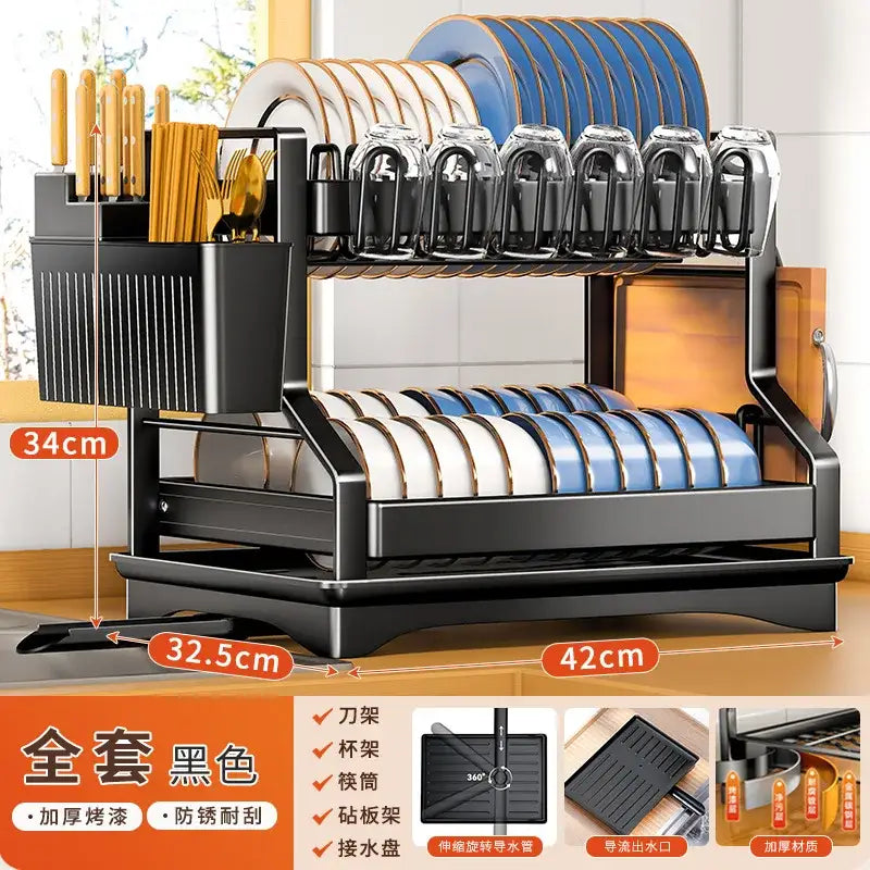 Modern stainless steel black dish drying rack with two-tier adjustable shelves for efficient kitchen storage rack use