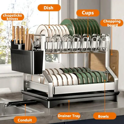 Modern stainless steel black dish drying rack two-tier storage rack holding plates cups bowls and utensils