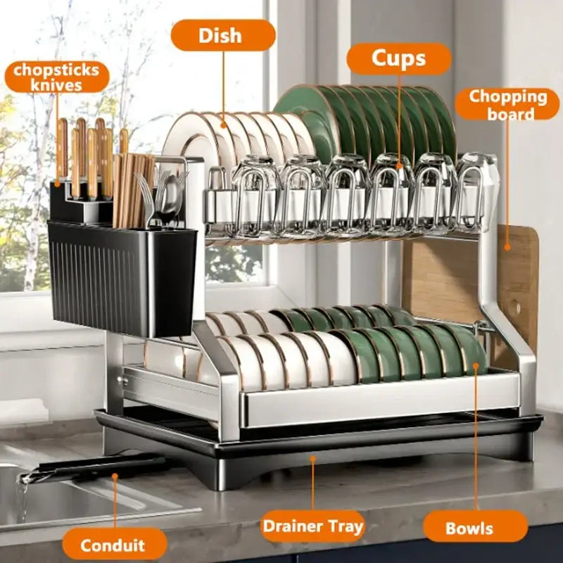 Modern stainless steel black dish drying rack two-tier storage rack holding plates cups bowls and utensils