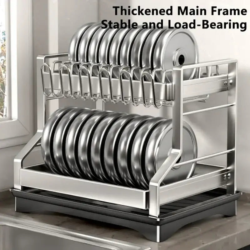 Modern stainless steel black two-tier dish drying rack with thickened frame and integrated hooks for stable storage rack