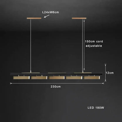 Modern stainless steel pendant lamp with a decorbites brushed gold finish and five rectangular led modules for dining room decor