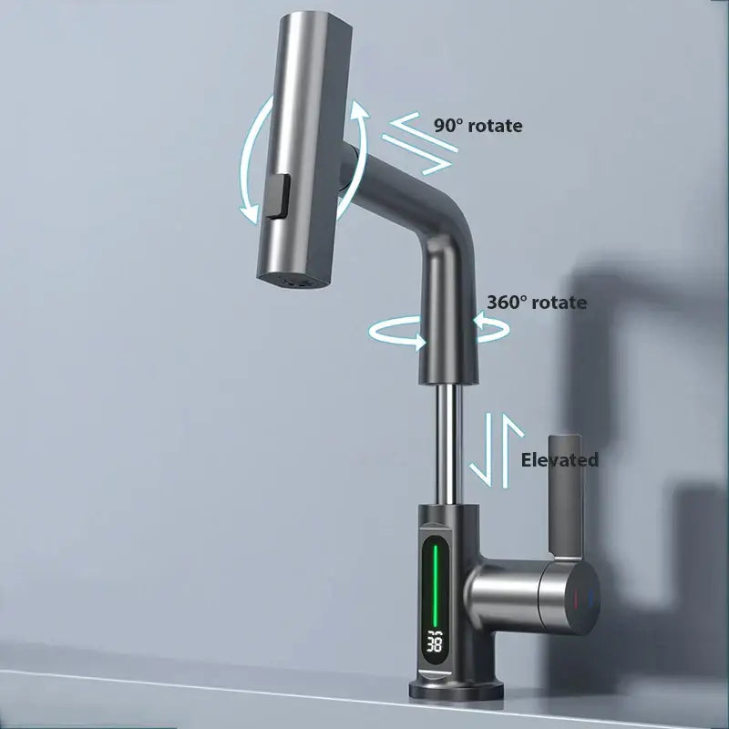 Modern stainless steel basin faucet with brushed finish and digital display for precise temperature control decorbites digital display