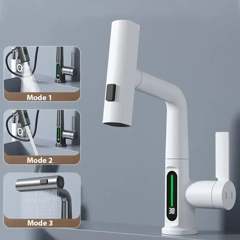 White modern stainless steel basin faucet with digital display temperature control and three adjustable spray modes decorbites digital display
