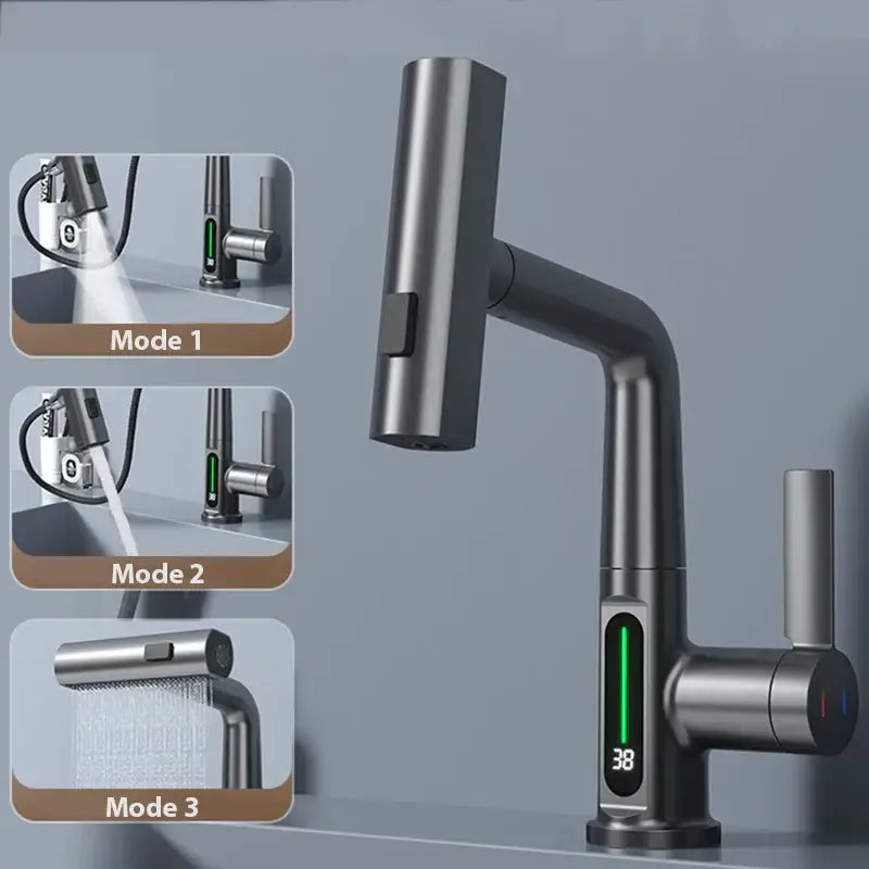 Modern matte black stainless steel basin faucet with digital display and three spray modes for bathroom decorbites digital display
