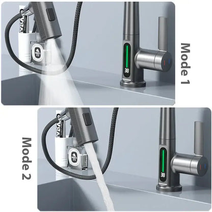 Modern stainless steel basin faucet with digital display temperature control and two spray modes by decorbites digital display