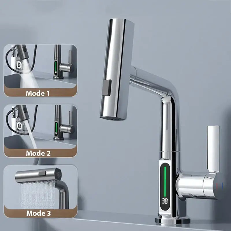 Modern stainless steel basin faucet with chrome finish and digital display for temperature control decorbites digital display