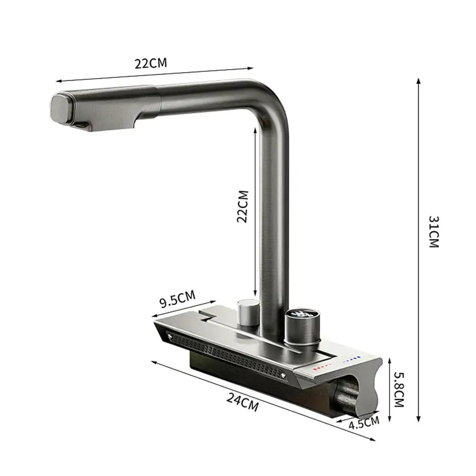 Modern stainless steel digital display pull kitchen faucet with brushed finish curved spout and dual cylindrical handles decorbites digital display