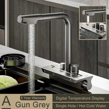 Gun grey stainless steel modern kitchen faucet with sleek design and decorbites digital display pull temperature control