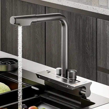 Modern stainless steel digital display pull out kitchen faucet with matte black curved spout and dual control knobs decorbites digital display