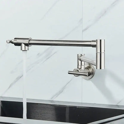 Modern stainless steel kitchen faucet with decorbites double joint spout and dual handles for water control