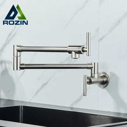 Modern stainless steel kitchen faucet with rozin brand double joint spout and two vertical handles for decorbites kitchens