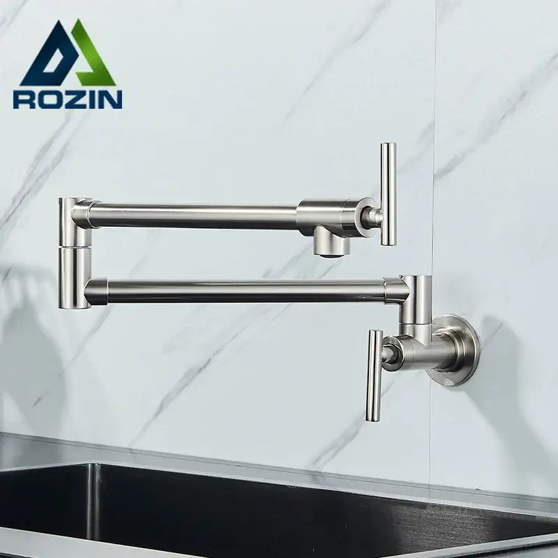 Modern stainless steel kitchen faucet with rozin brand double joint spout and two vertical handles for decorbites kitchens
