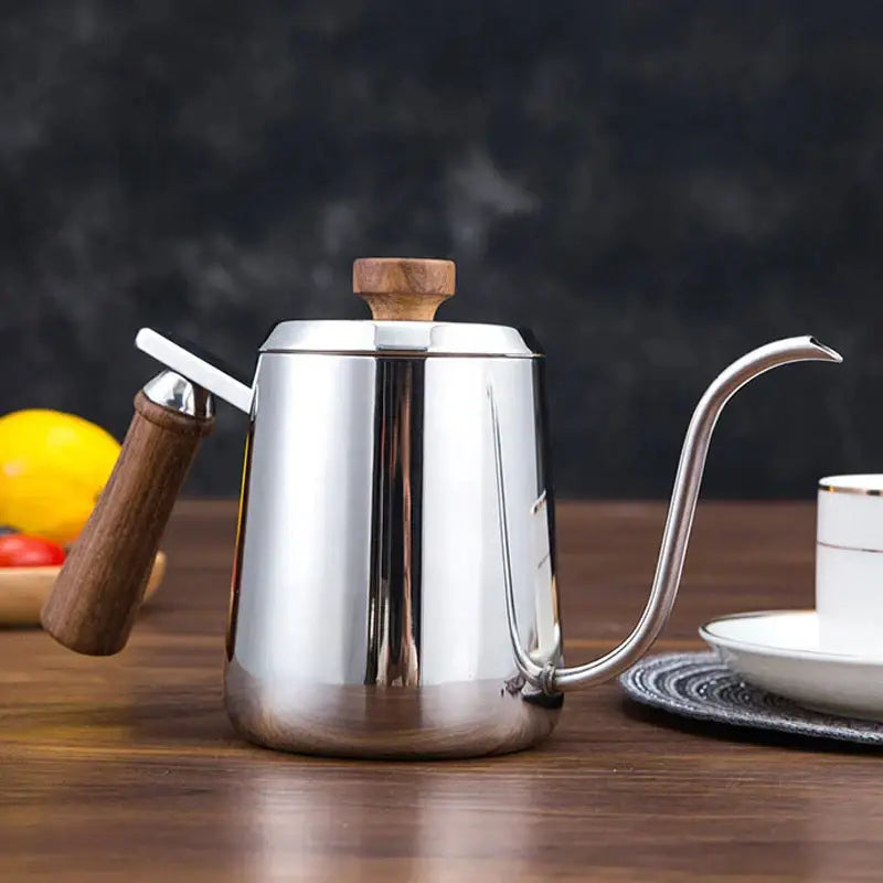 Modern stainless steel gooseneck drip coffee kettle with wooden handle and lid knob by decorbites gooseneck stainless steel