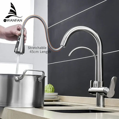 Modern stainless steel pull down kitchen faucet with 45cm flexible extendable hose from decorbites crane kitchen collection