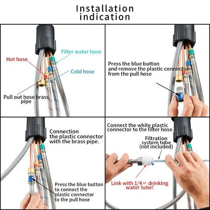 Modern stainless steel pull down kitchen faucet installation kit with flexible braided hoses and brass fittings for decorbites crane kitchen faucet
