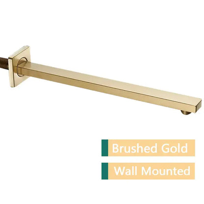 Brushed gold wall-mounted shower head with sleek rectangular design on stainless steel shower arm and head holder