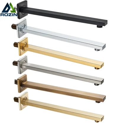 Modern stainless steel shower arm and head holder brackets in black silver gold and bronze with square mounting plates