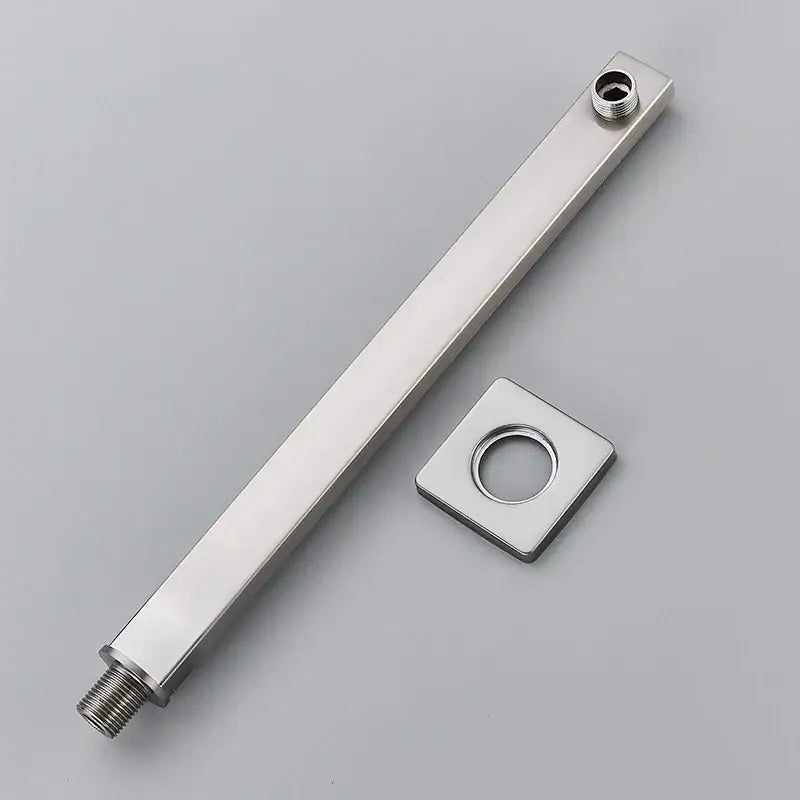Modern stainless steel shower arm and head holder with square bar design and threaded ends for bathroom mount