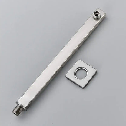 Modern stainless steel shower arm and head holder with square bar design and threaded ends for bathroom mount