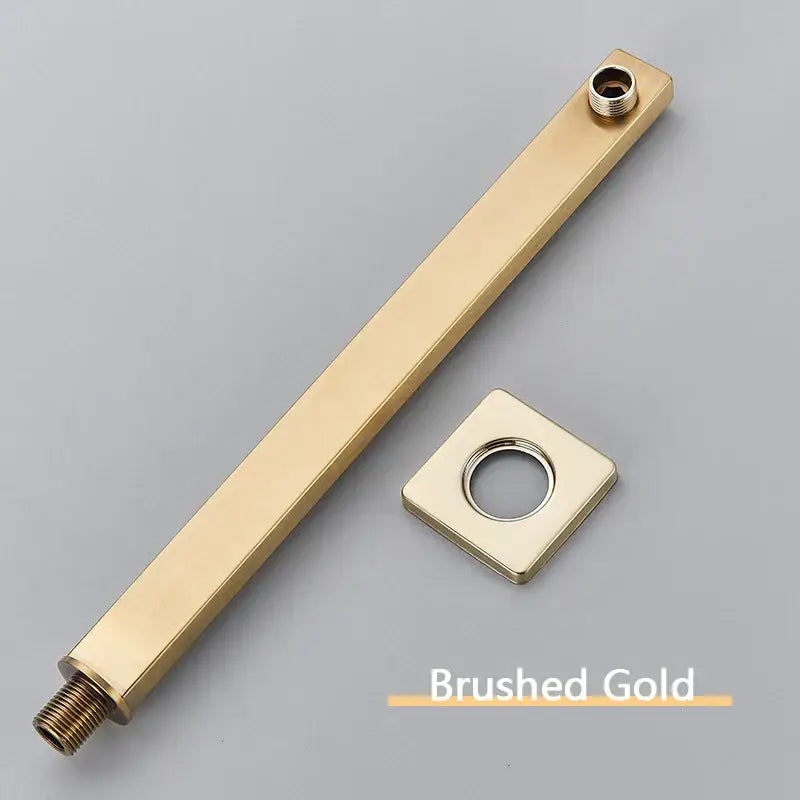 Modern stainless steel shower arm and head holder in brushed gold with a rectangular arm and square mounting plate