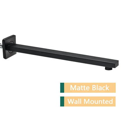 Matte black stainless steel wall-mounted shower arm and head holder with a sleek rectangular design for bathroom use