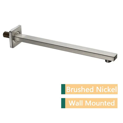 Brushed nickel stainless steel shower arm and head holder with sleek rectangular design and threaded ends for secure mount
