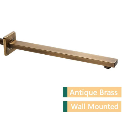 Antique brass wall-mounted shower head with rectangular design and brushed finish paired with stainless steel shower arm head holder