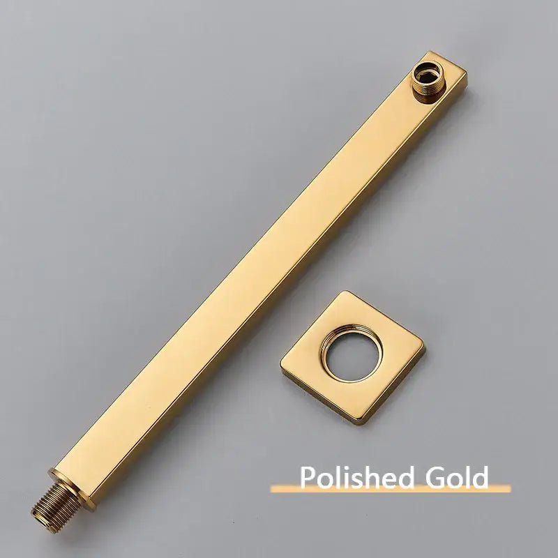 Polished gold stainless steel shower arm with rectangular shape and matching square head holder bathroom mount
