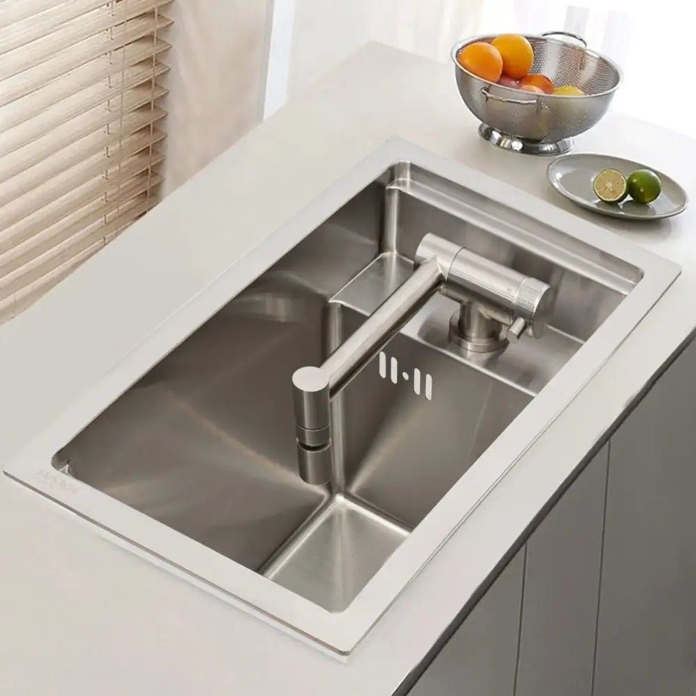 Modern stainless steel single bowl hidden kitchen sink with faucet - Decorbites