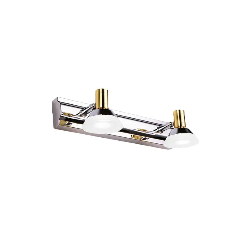 Modern stainless steel wall light with chrome and gold finish featuring two acrylic cone shades for bathroom vanity