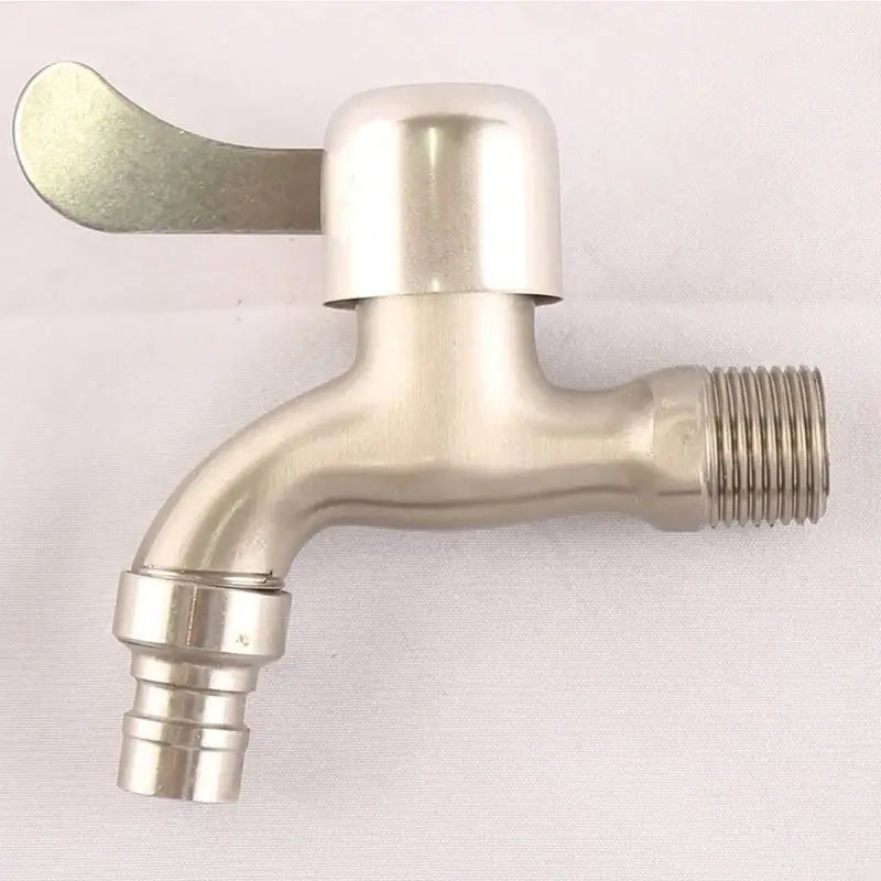 Shiny stainless steel wall mounted single hole outdoor faucet with curved spout and lever handle for washing machine