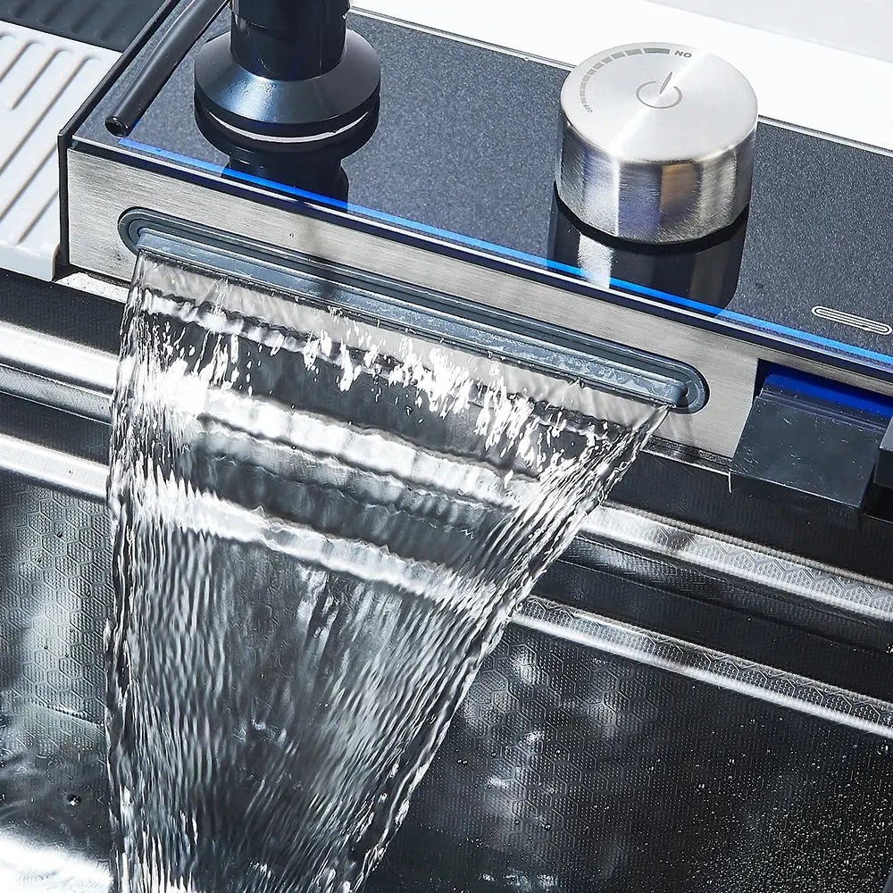 Modern stainless steel waterfall kitchen faucet with polished chrome curved spout flowing water elegantly