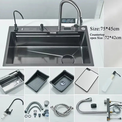 Modern stainless steel waterfall kitchen sink with black finish, digital display, and gooseneck faucet for kitchens