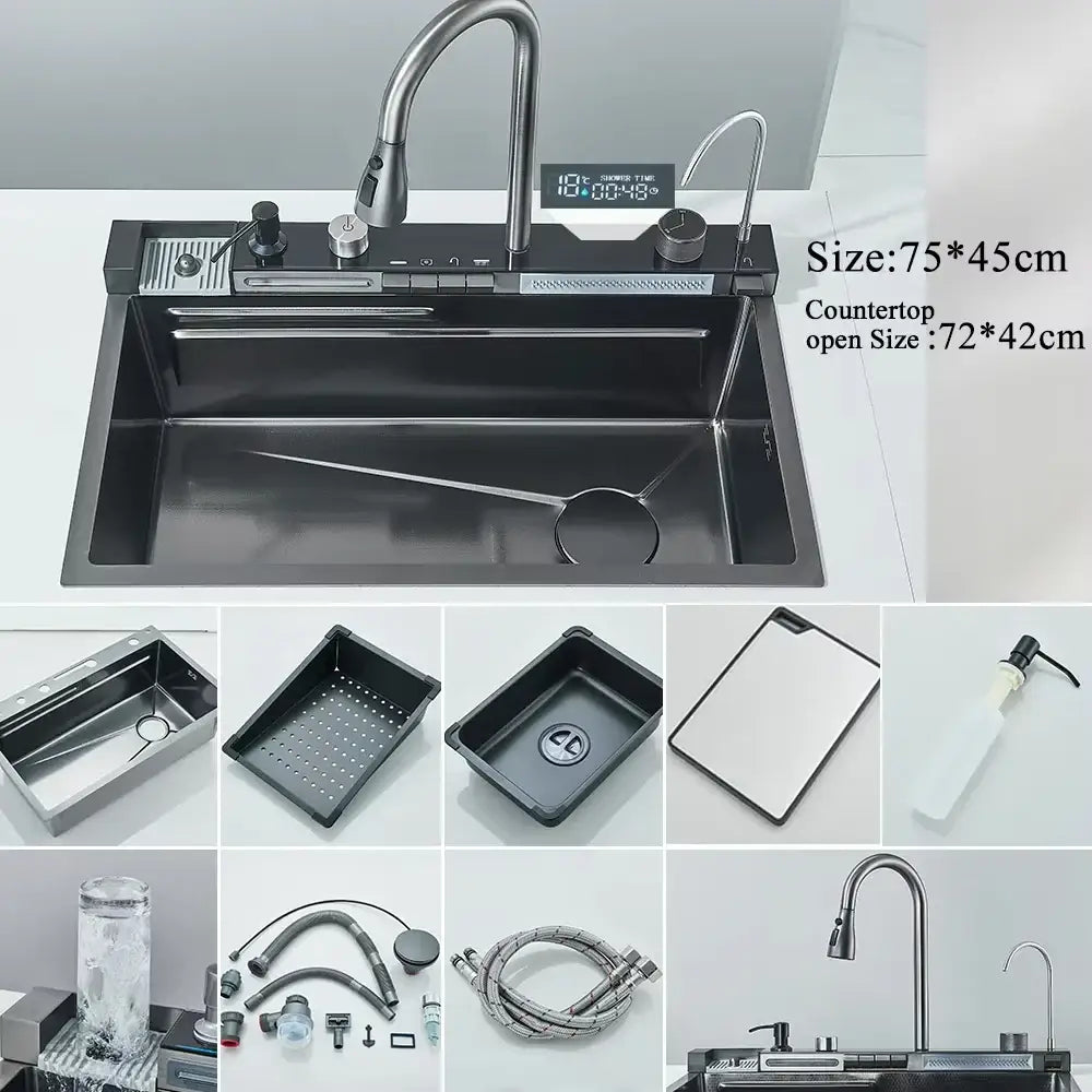 Black stainless steel kitchen sink with integrated digital shower timer and faucet in modern stainless steel design