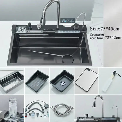 Black stainless steel kitchen sink with integrated digital shower timer and faucet in modern stainless steel design