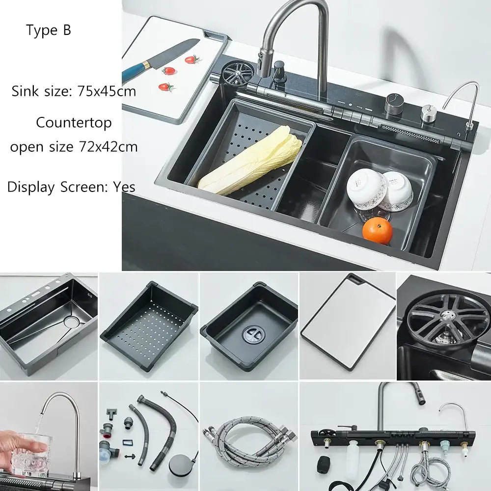Modern black double-basin kitchen sink with stainless steel waterfall design and integrated digital faucet display screen
