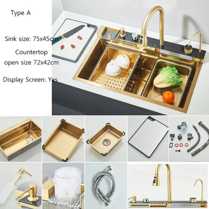 Gold-colored stainless steel double-basin kitchen sink with modern digital faucet and integrated display screen for home use