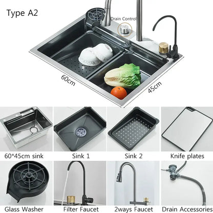 Modern stainless steel waterfall kitchen sink with double basin integrated drain control and filter faucet