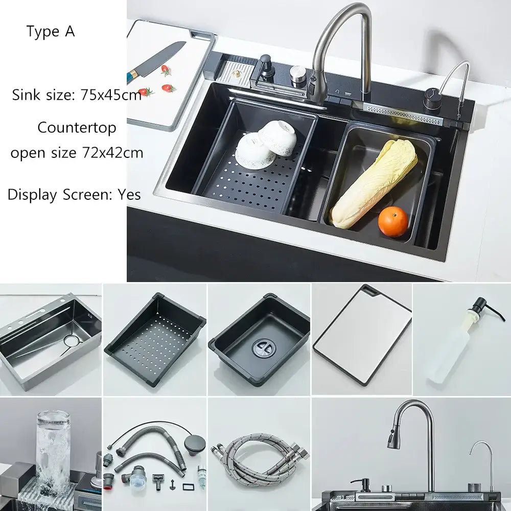 Black double-basin stainless steel kitchen sink with a modern design and integrated digital faucet display screen