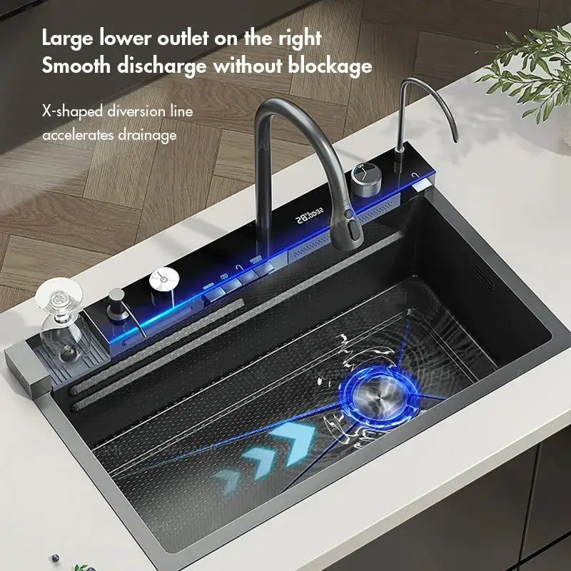 Modern stainless steel waterfall kitchen sink with digital faucet in black stainless steel and blue led lighting accents