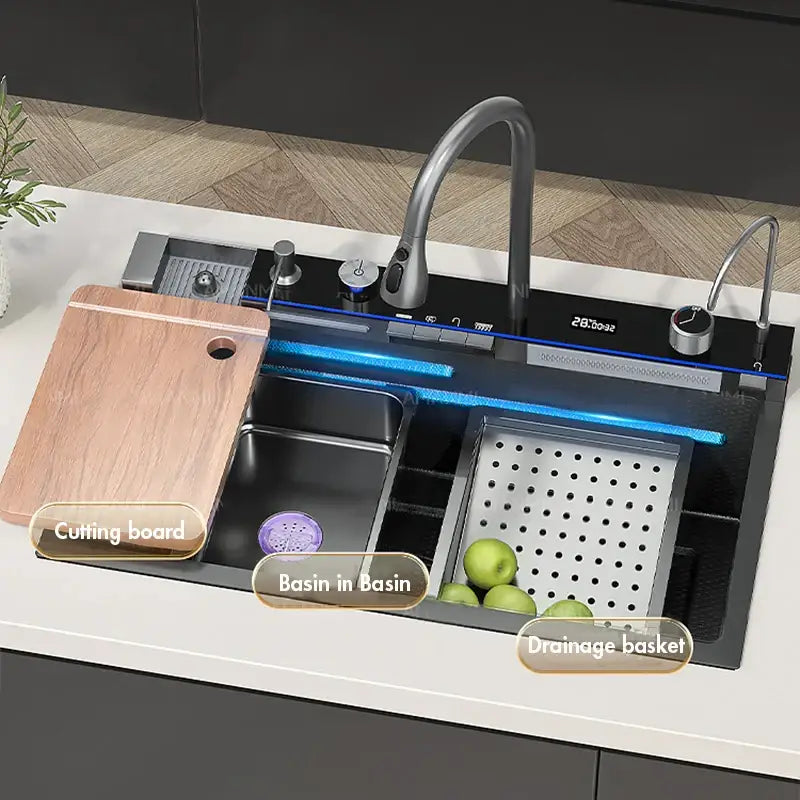 Modern black stainless steel waterfall kitchen sink with digital faucet, blue led lighting, cutting board, and drainage basket