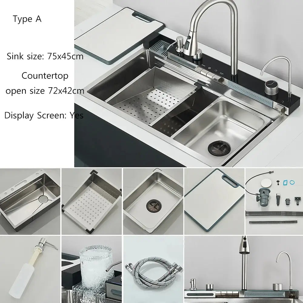 Modern stainless steel double-basin kitchen sink with sleek design and integrated digital faucet display screen