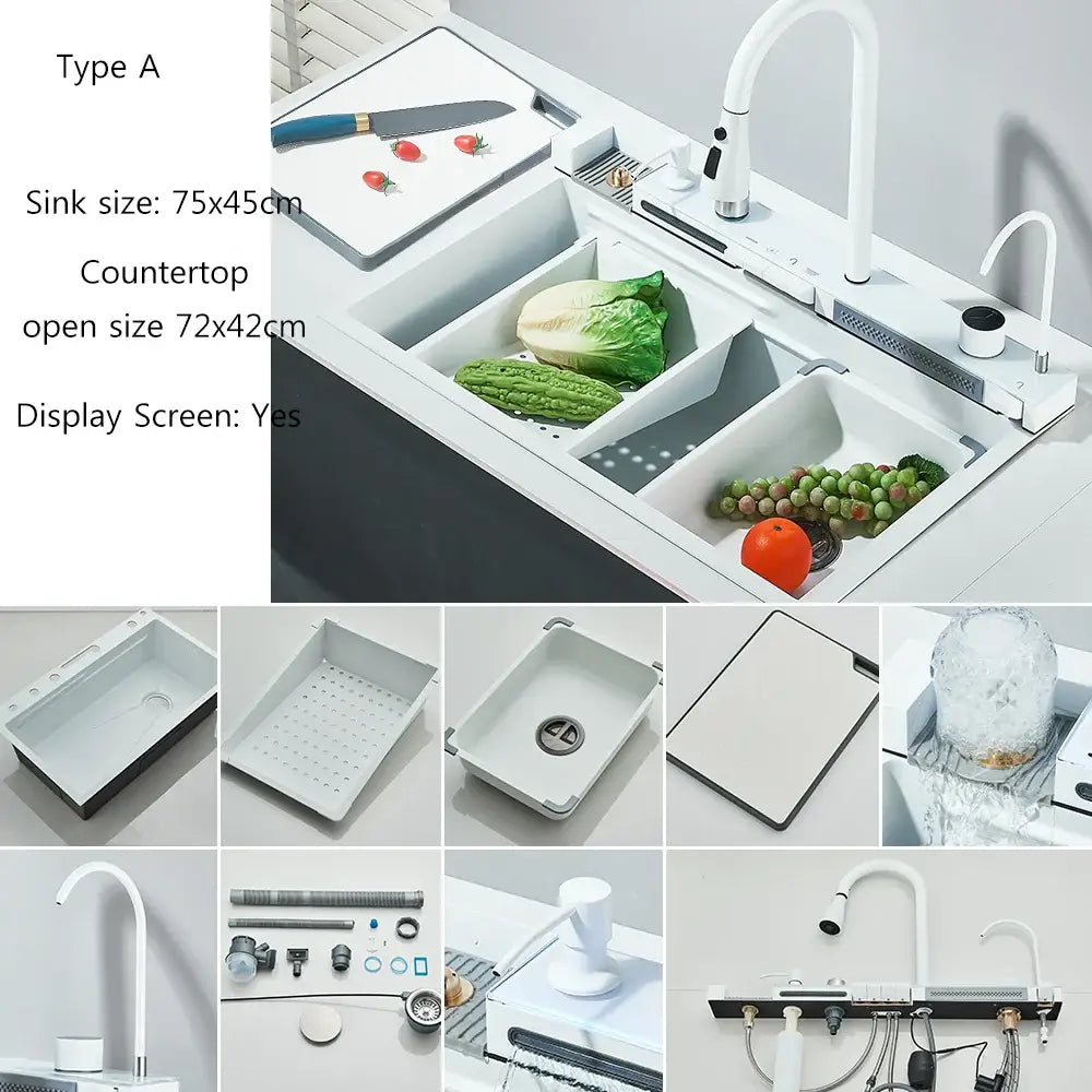 Modern stainless steel waterfall kitchen sink in white with integrated digital faucet and three compartments for produce