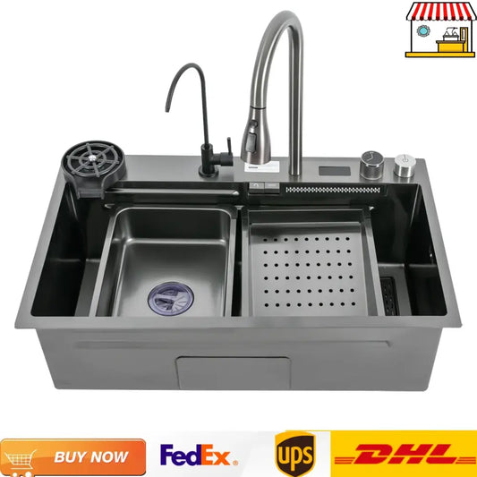 Modern stainless steel double-basin kitchen sink with sleek matte finish and integrated pull out faucet for efficient use