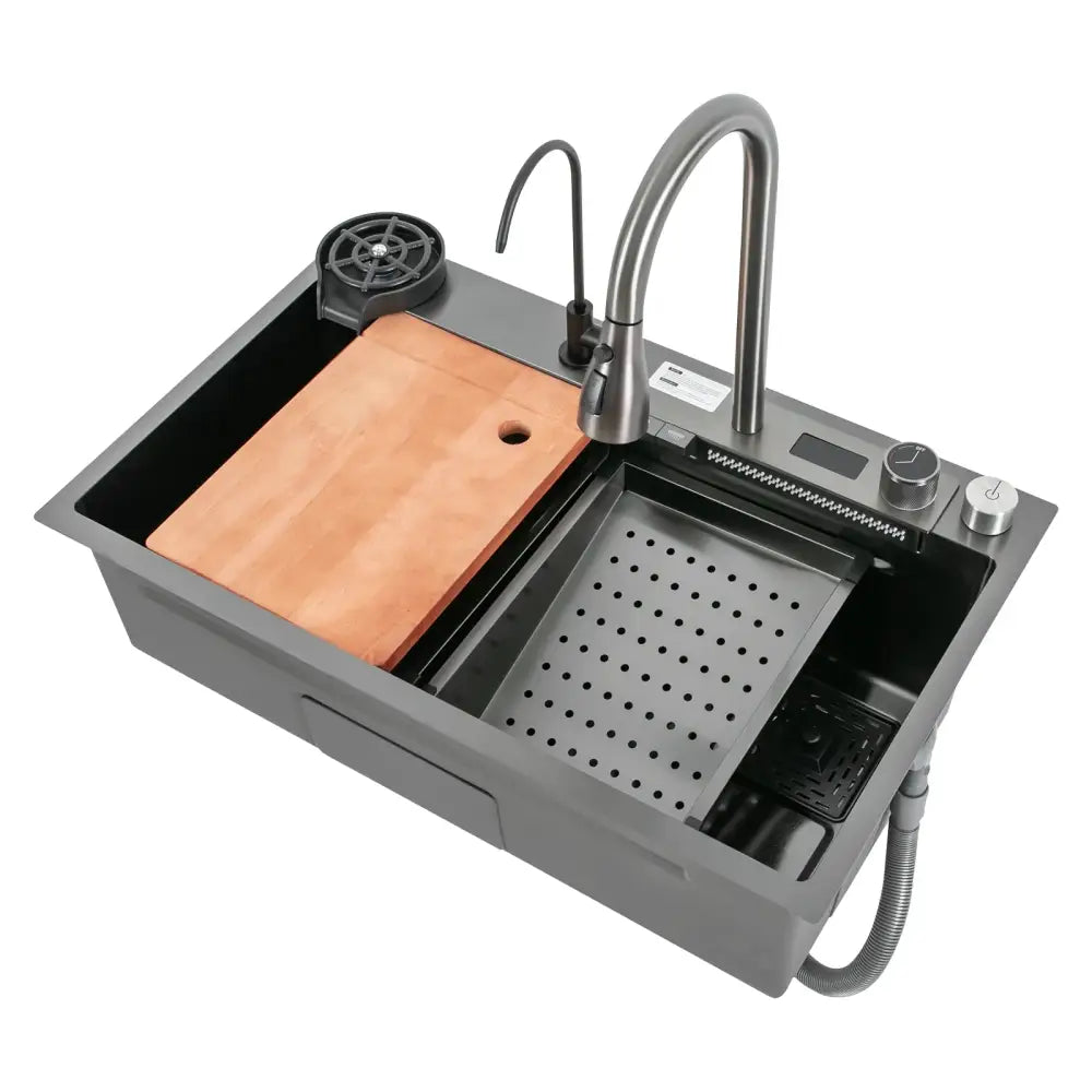 Modern stainless steel waterfall kitchen sink in gray with pull out faucet, built-in wooden cutting board, and drain basket
