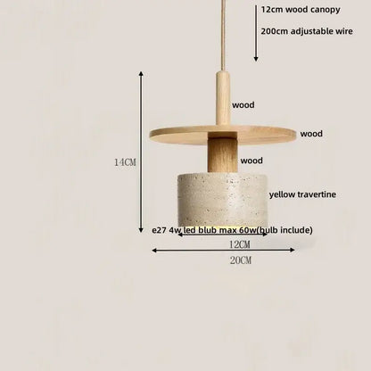 Minimalist pendant lamp with natural wood canopy and yellow travertine cylinder featuring decorbites glass ball led design