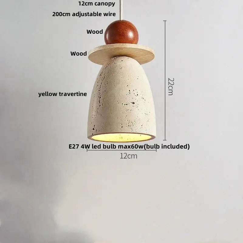 Modern pendant lamp with warm wood canopy and off-white yellow travertine glass ball led shade for dining room decorbites