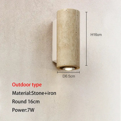 Modern stone and wood wall lamp in beige cave stone outdoor finish with iron and circular light base by decorbites cave stone