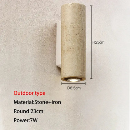 Modern stone and wood wall lamp with textured cave stone and iron emits warm light for cave stone outdoor decorbites usage