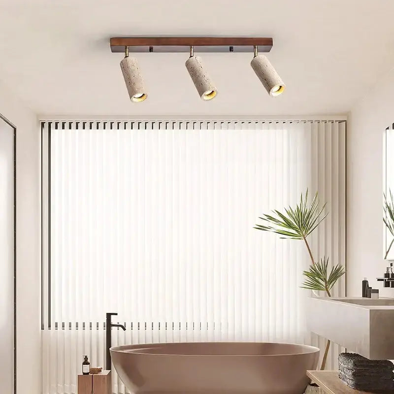 Modern stone and wood 3-head led ceiling spotlight with dark wood finish and concrete shades for living room lighting